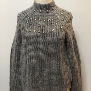 𝅺APT 9 cable knit chunky‎ Jeweled turtleneck sweater grey size Small  #w1030